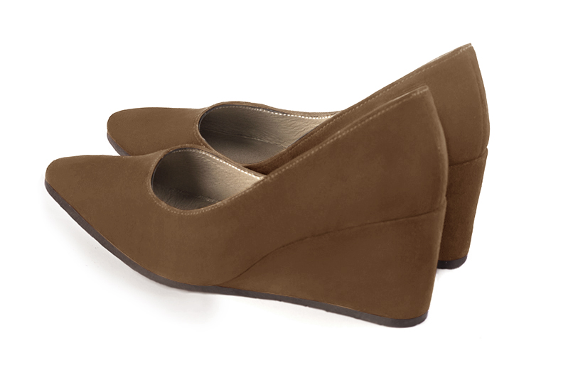 Caramel brown women's dress pumps,with a square neckline. Tapered toe. Medium wedge heels. Rear view - Florence KOOIJMAN
